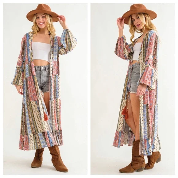 01 ✨RESTOCKED✨Boho Border Print Woven Kimono Long Cardigan - Picture 4 of 6